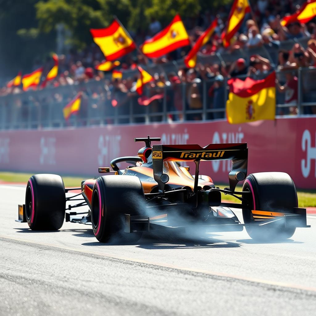 A dynamic Formula 1 race car speeding on a racetrack decorated with the vibrant colors of the Spanish flag, red and yellow stripes flowing alongside the car