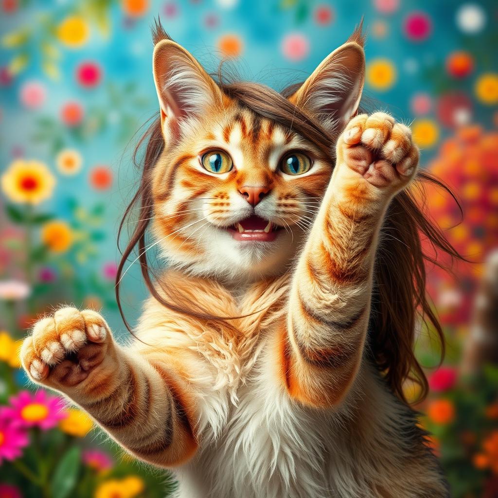 A surreal, imaginative image featuring a woman's face seamlessly integrated onto a cat's body