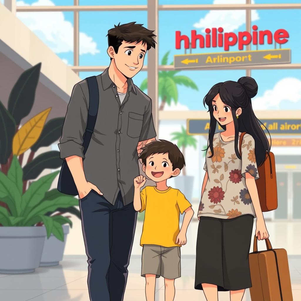 A warm and charming scene in the style of Studio Ghibli, depicting a family at an airport in the Philippines
