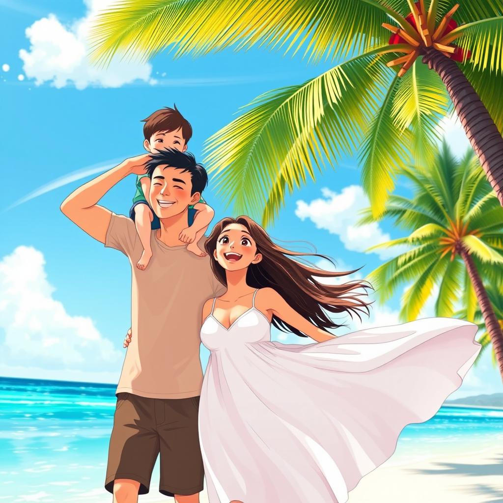 A heartwarming family portrait in the enchanting style of Studio Ghibli, depicting a Father, Mother, and Son joyfully enjoying their time on the beautiful beaches of Boracay, Philippines