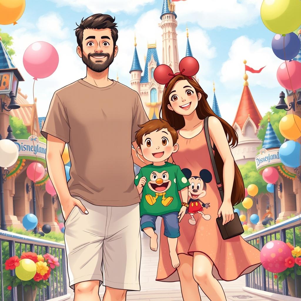 A warm and whimsical family portrait in the style of Studio Ghibli, depicting a father, mother, and son happily enjoying their day at Disneyland