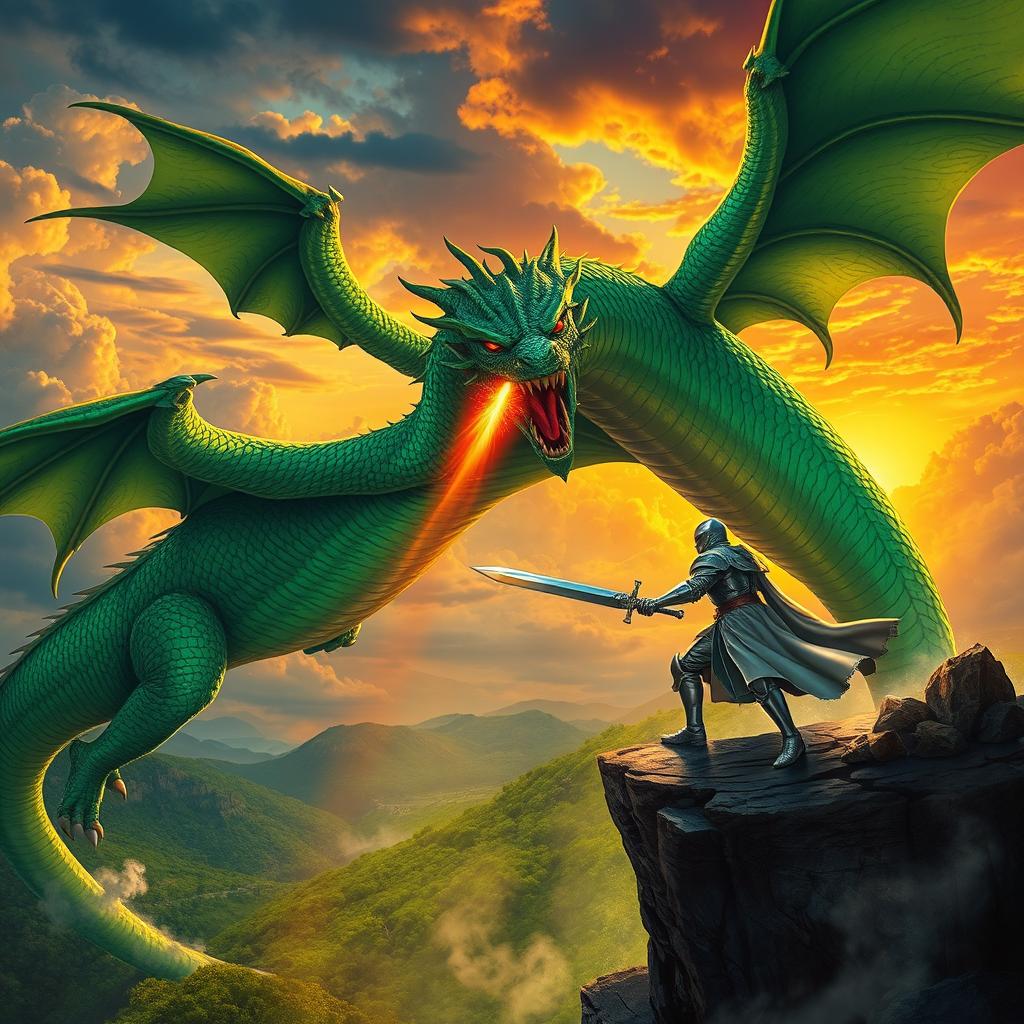 A dynamic and epic scene depicting a fierce battle between a brave knight and a colossal dragon