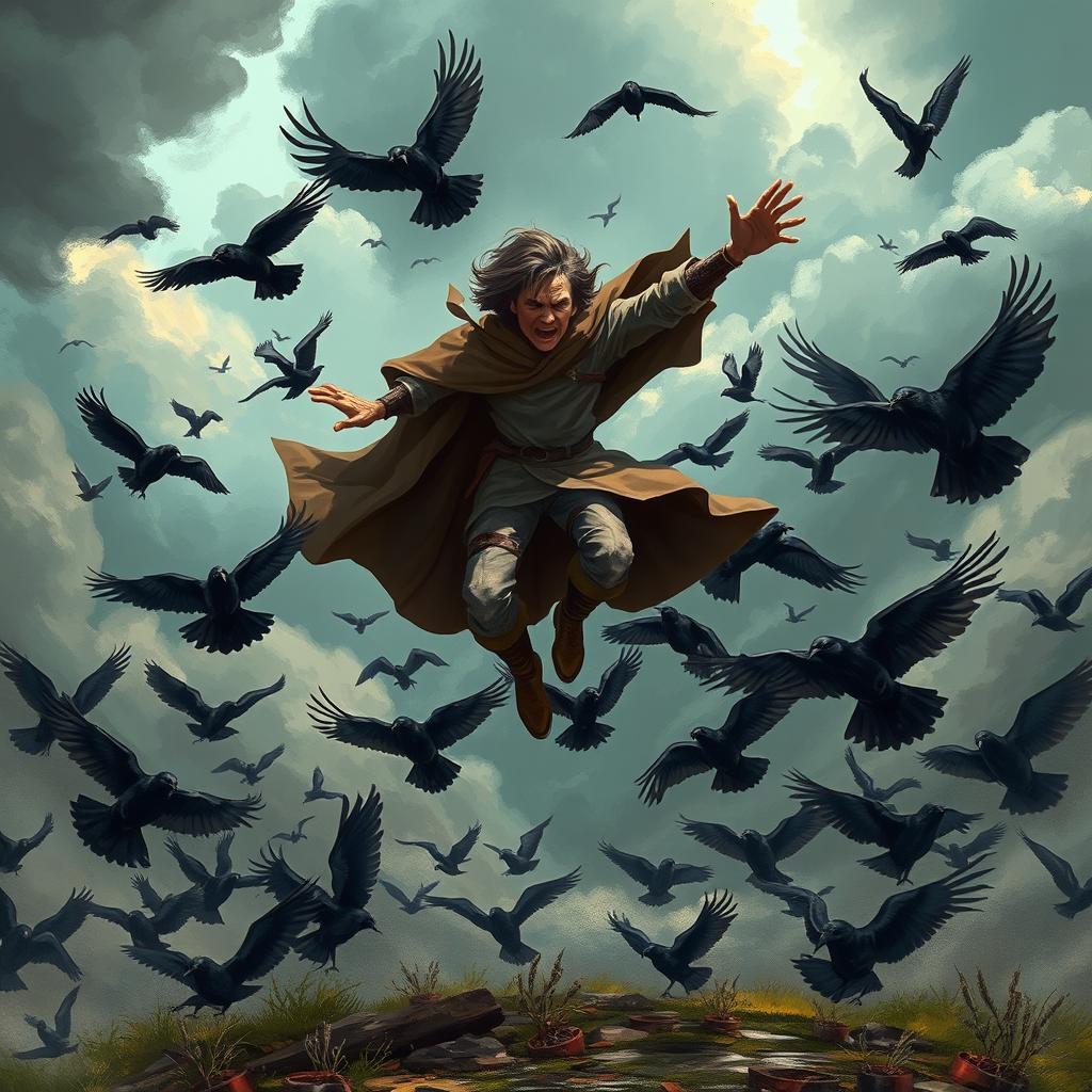 A dynamic scene depicting a character leaping in mid-air, surrounded by a flock of black crows soaring and flapping around them