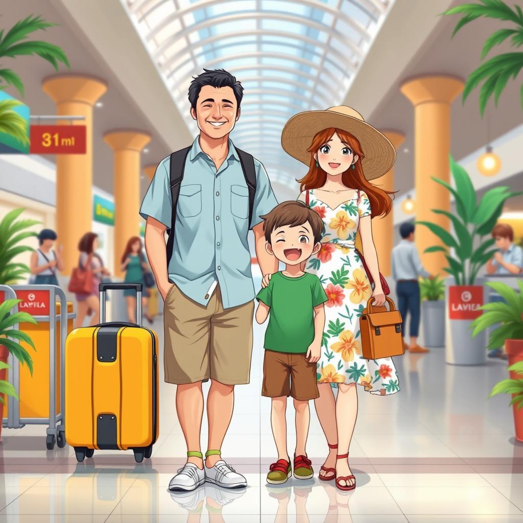 A charming family portrait in the enchanting style of Studio Ghibli, featuring a father, mother, and their young son