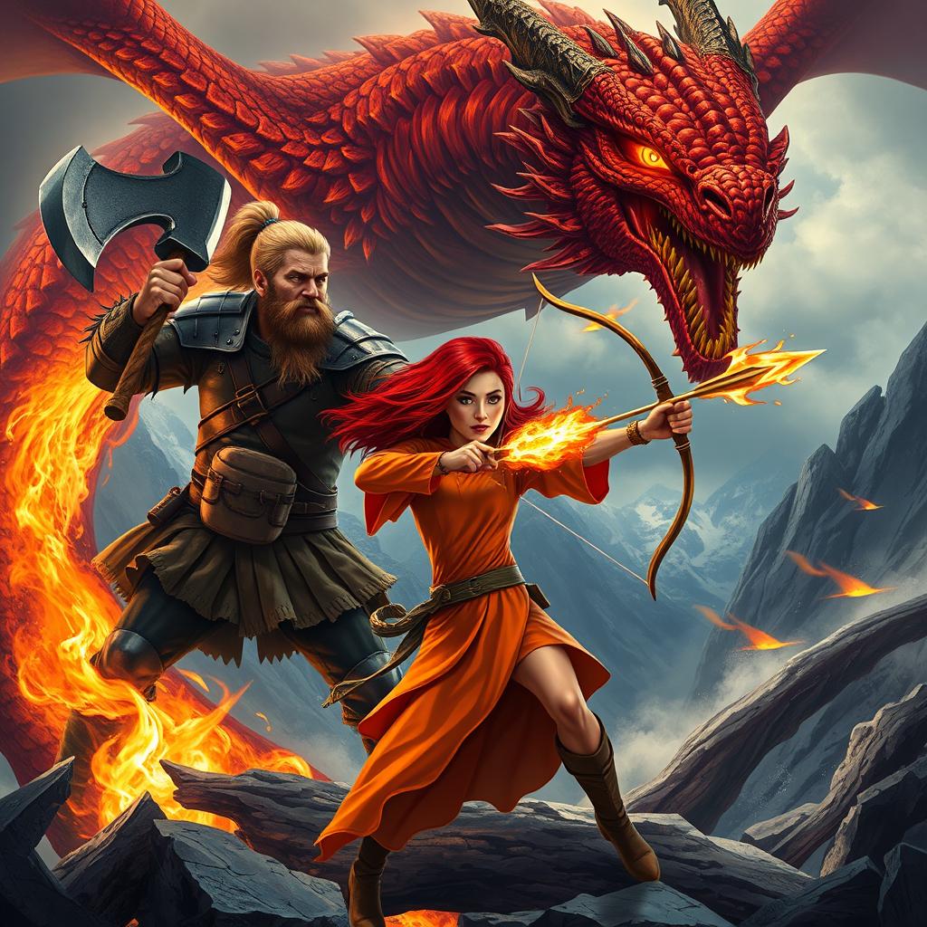 An action-packed scene featuring a rugged bearded man and a striking red-haired woman heroically battling a fierce fiery dragon