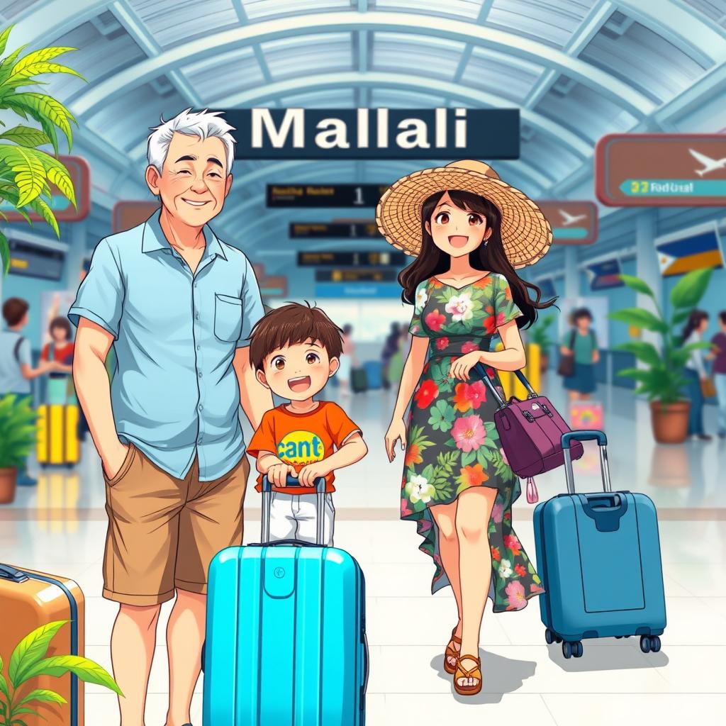 A delightful family portrait depicted in the enchanting Studio Ghibli style, featuring a father, a mother, and their joyful son at the Manila Airport in the Philippines