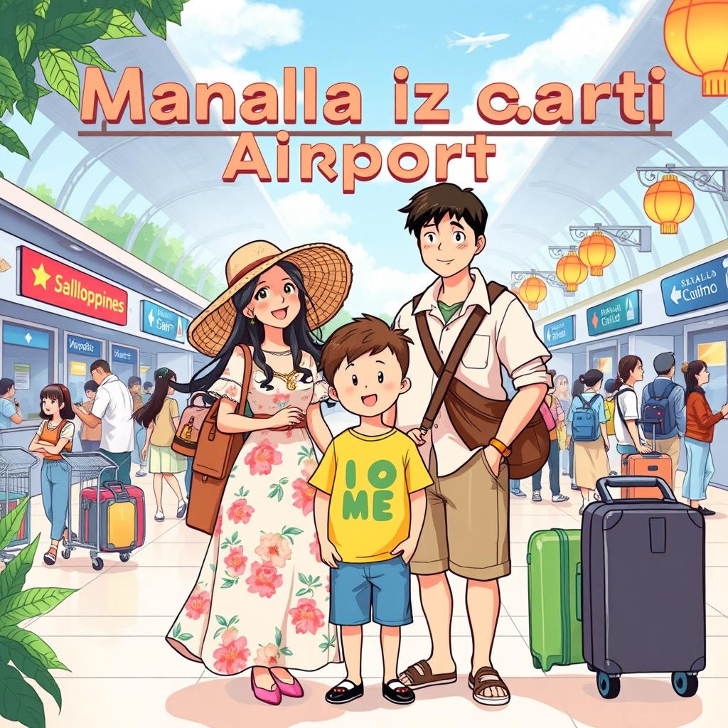 A whimsical family portrait illustrated in the enchanting style of Studio Ghibli, showcasing Mommy, Daddy, and their cheerful son at the bustling Manila Airport in the Philippines