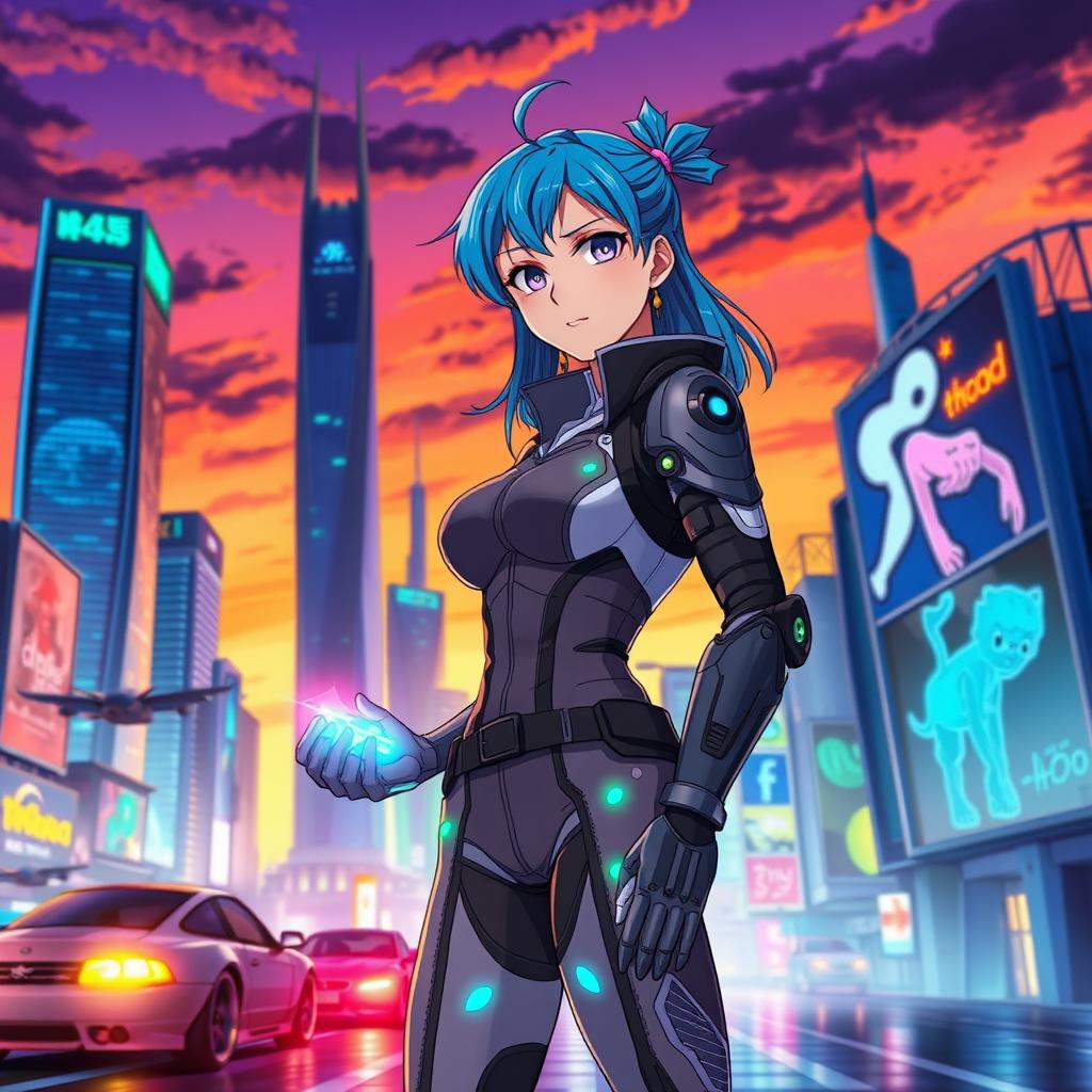 A vibrant anime-inspired scene featuring a futuristic city skyline at dusk, with colorful neon lights reflecting off sleek skyscrapers