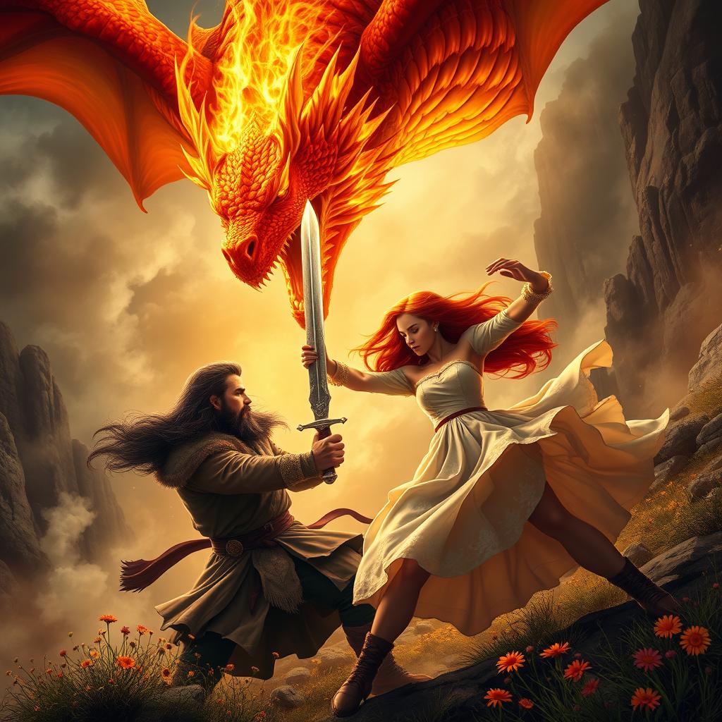 An intense scene showcasing a black-bearded middle-aged man and a red-haired middle-aged woman, both fiercely battling a fiery dragon together