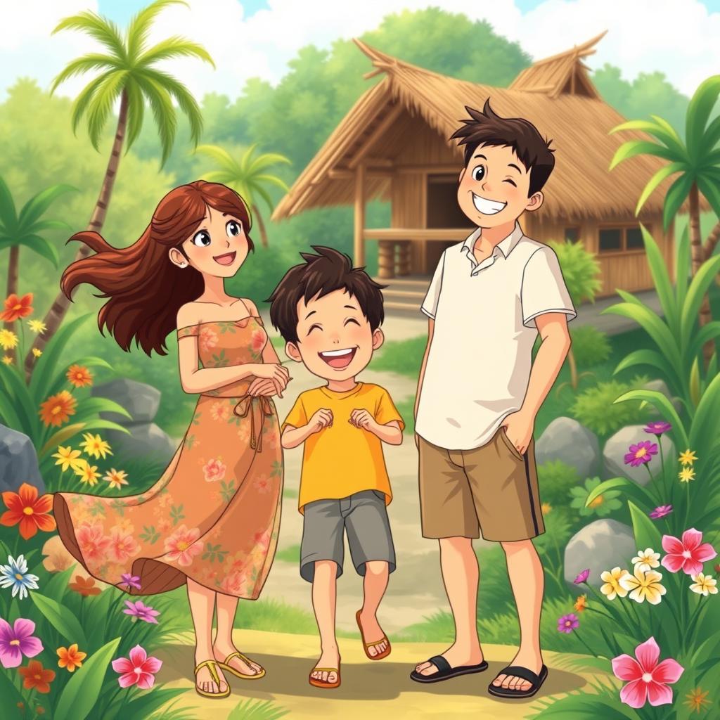 A heartwarming family portrait illustrated in the whimsical style of Studio Ghibli, featuring Mommy, Daddy, and their cheerful son, set against the backdrop of a picturesque landscape in the Philippines