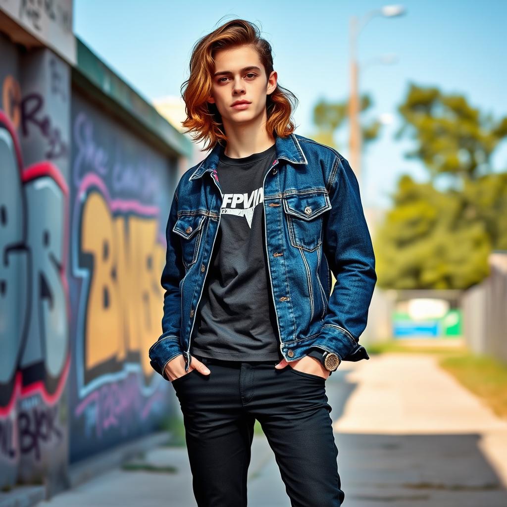 A stylish young adult with a confident demeanor, standing casually outdoors with hands tucked into their pockets