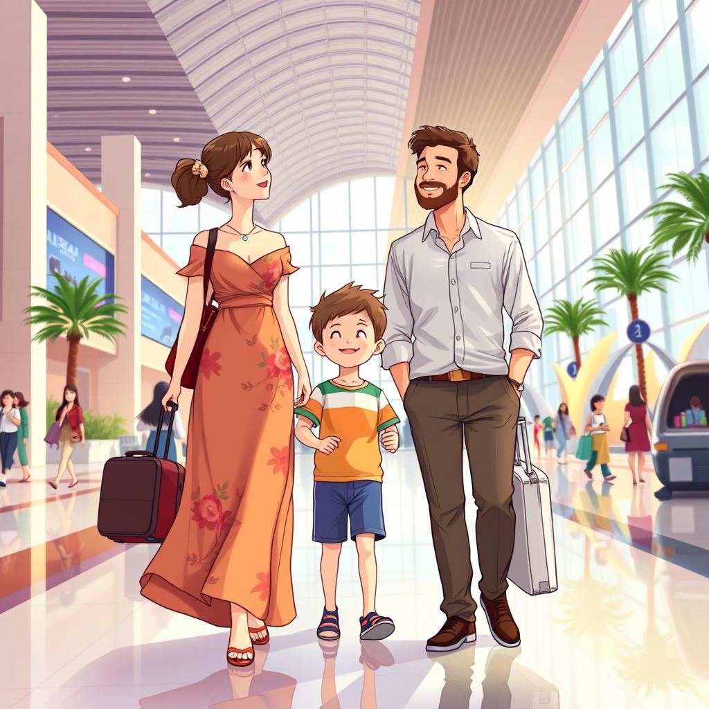 A heartwarming family illustration in the enchanting Studio Ghibli style featuring a Mommy, Daddy, and their cheerful son at the bustling airport in Doha, Qatar