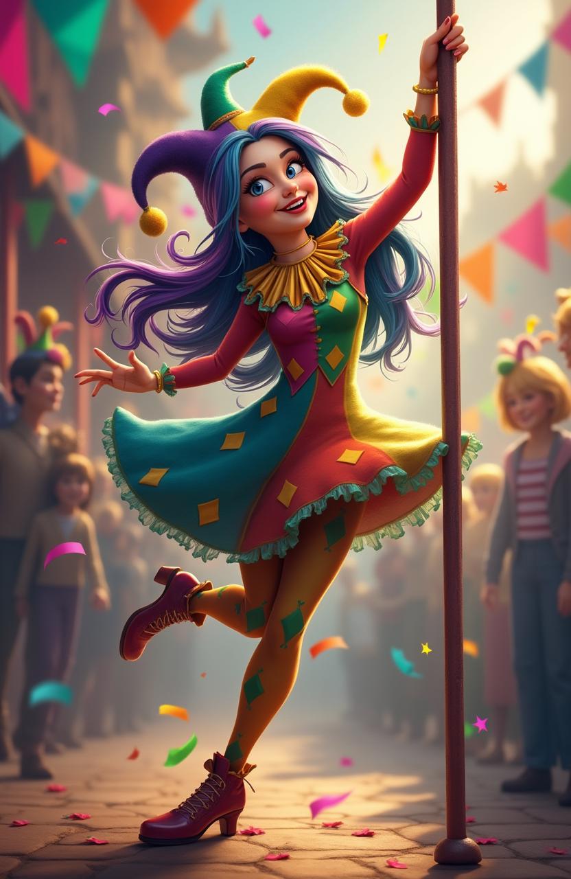 A whimsical harlequin half-elf girl joyfully dancing with a jester pole