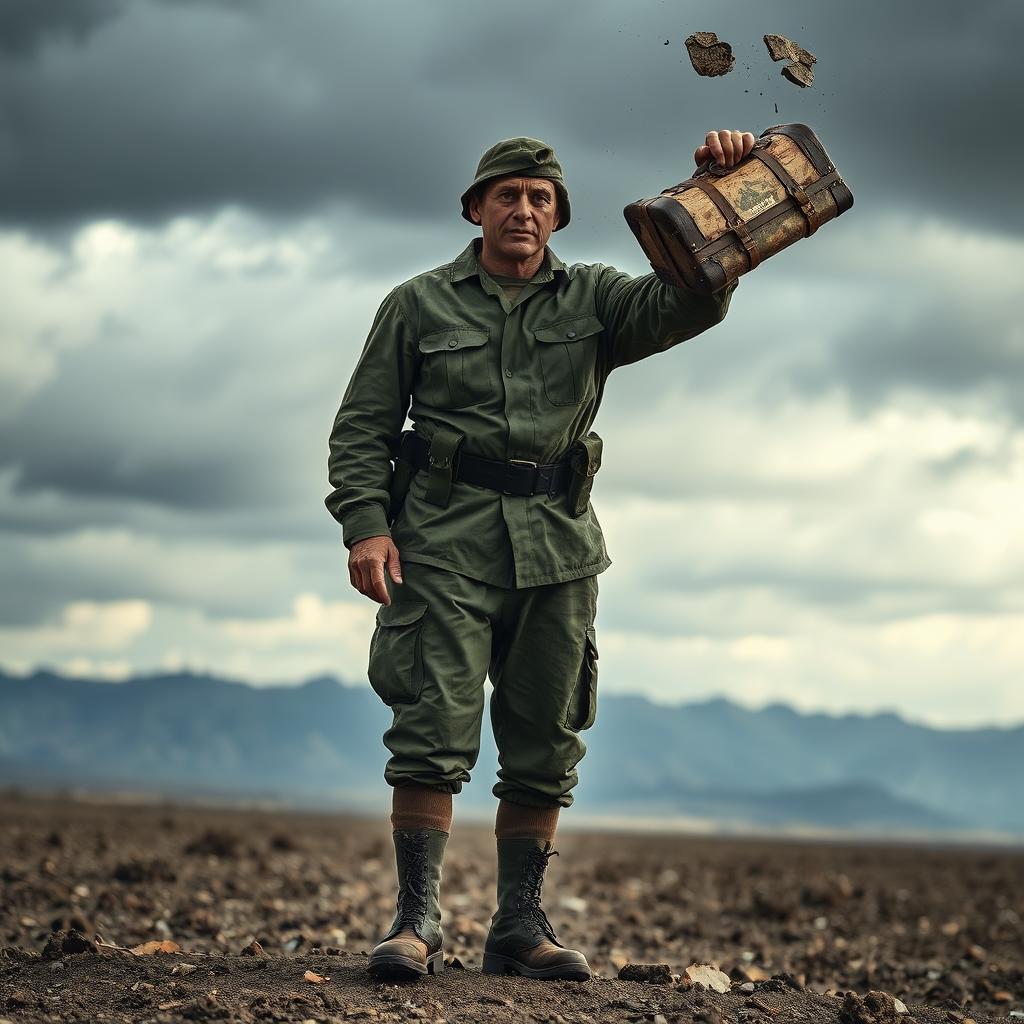 A weary soldier in a worn military uniform, standing in a desolate landscape, tossing away a battered suitcase representing his past life and home