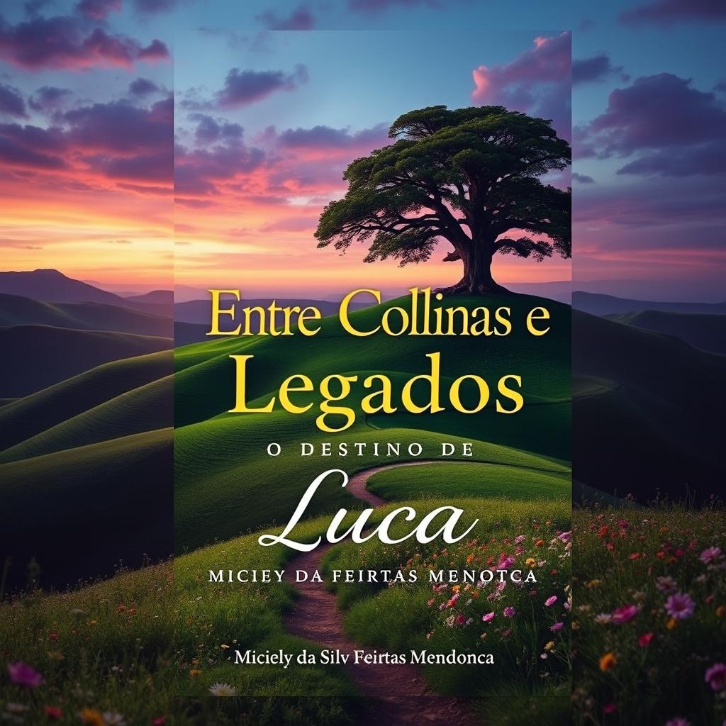 A stunning book cover design for the novel "Entre Colinas e Legados: O Destino de Luca" by Miciely da Silva Freitas Mendonça