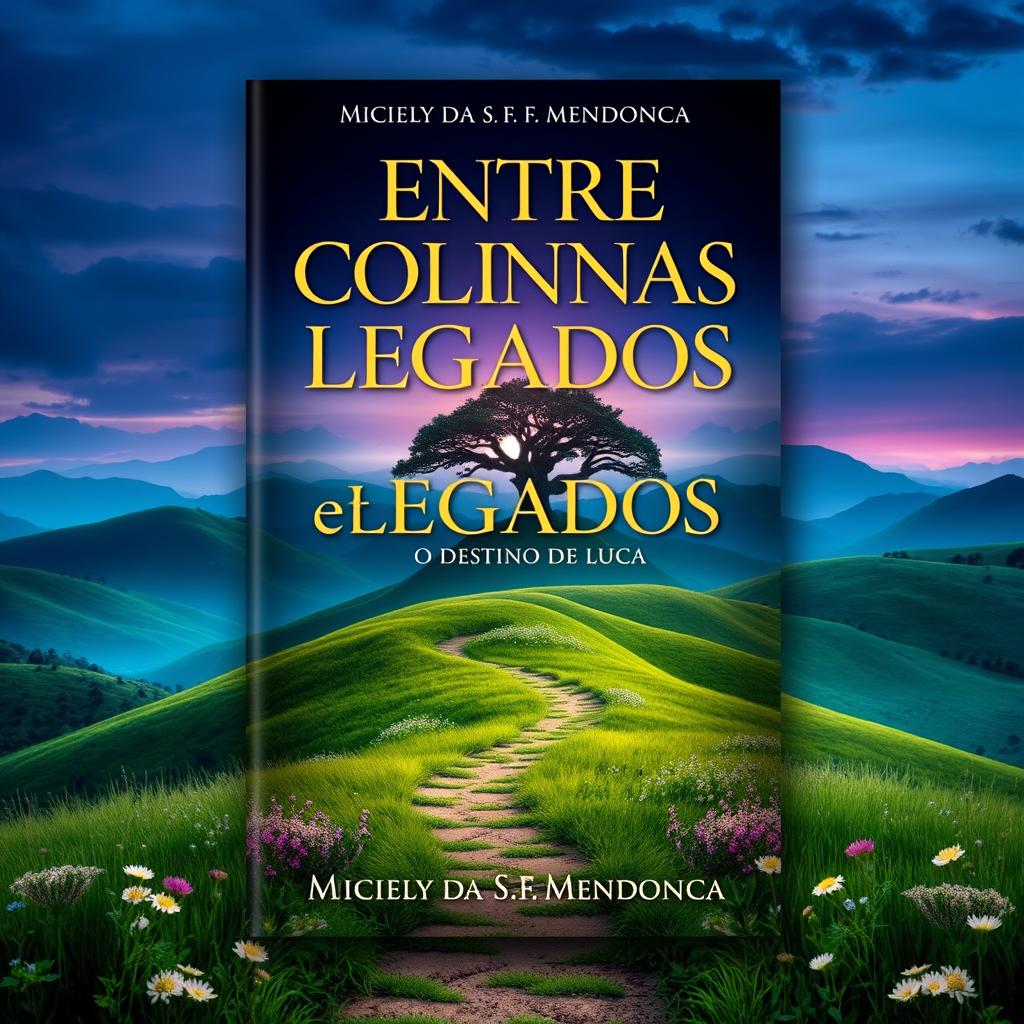 A visually striking book cover design for the novel "Entre Colinas e Legados: O Destino de Luca" by Miciely da S