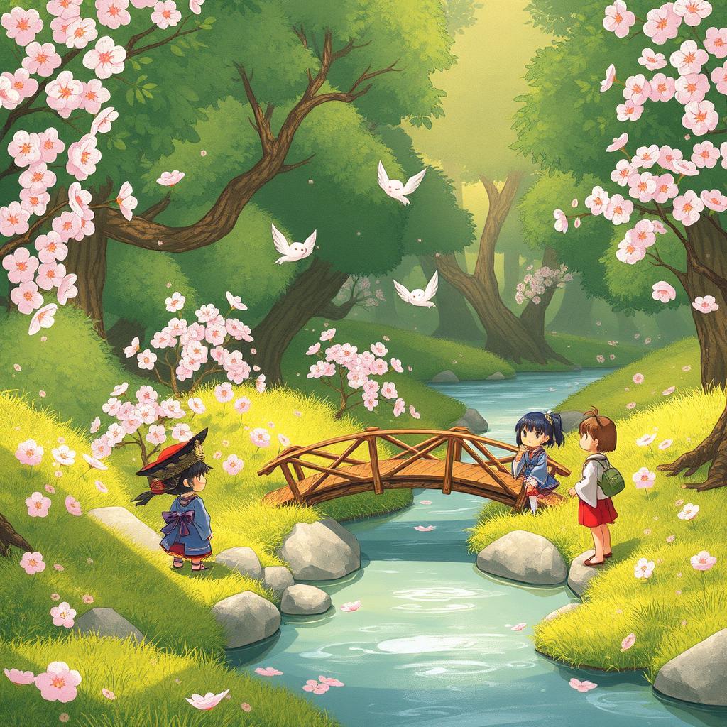A whimsical scene inspired by traditional Japanese animation, specifically in the enchanting style of Studio Ghibli