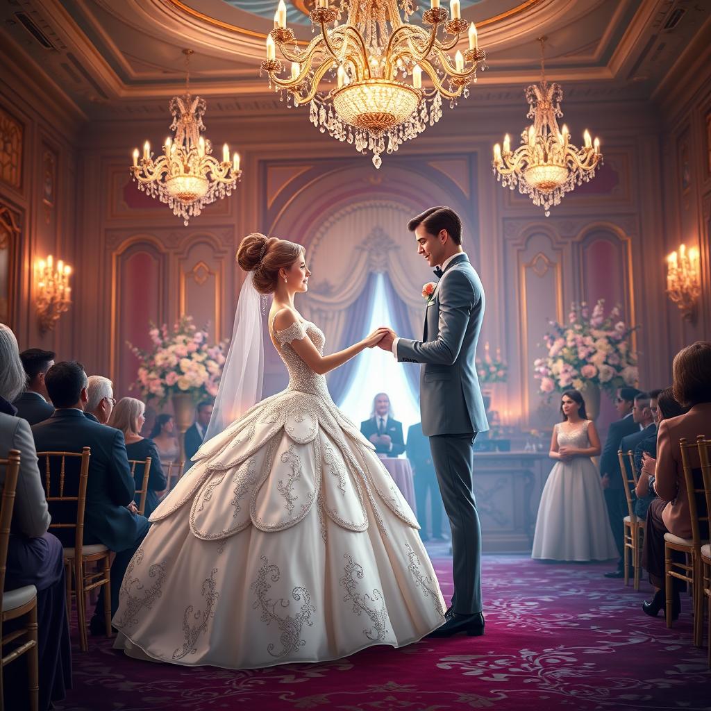 A realistic depiction of a Disney princess marrying her prince in a grand ballroom