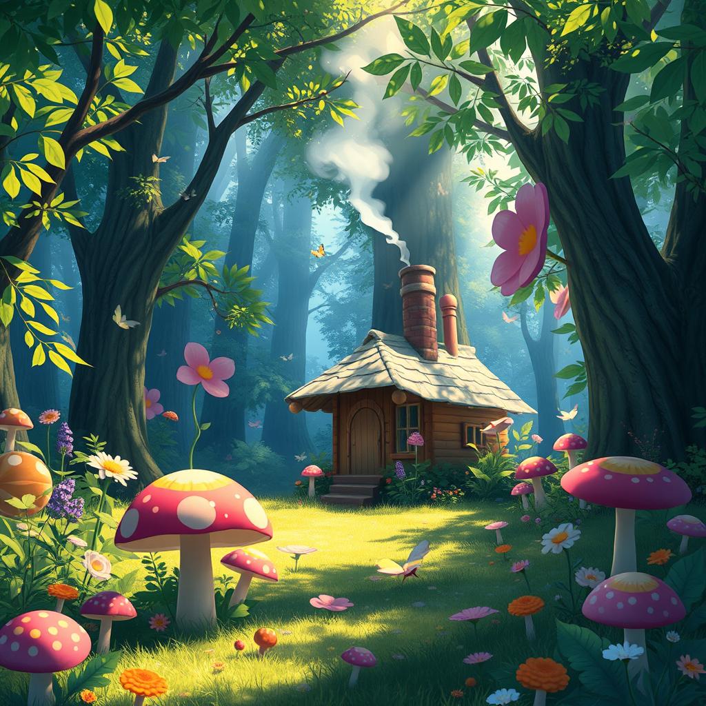 A magical forest backdrop, inspired by Studio Ghibli's enchanting aesthetic, featuring lush, vibrant greenery and whimsical, oversized flowers