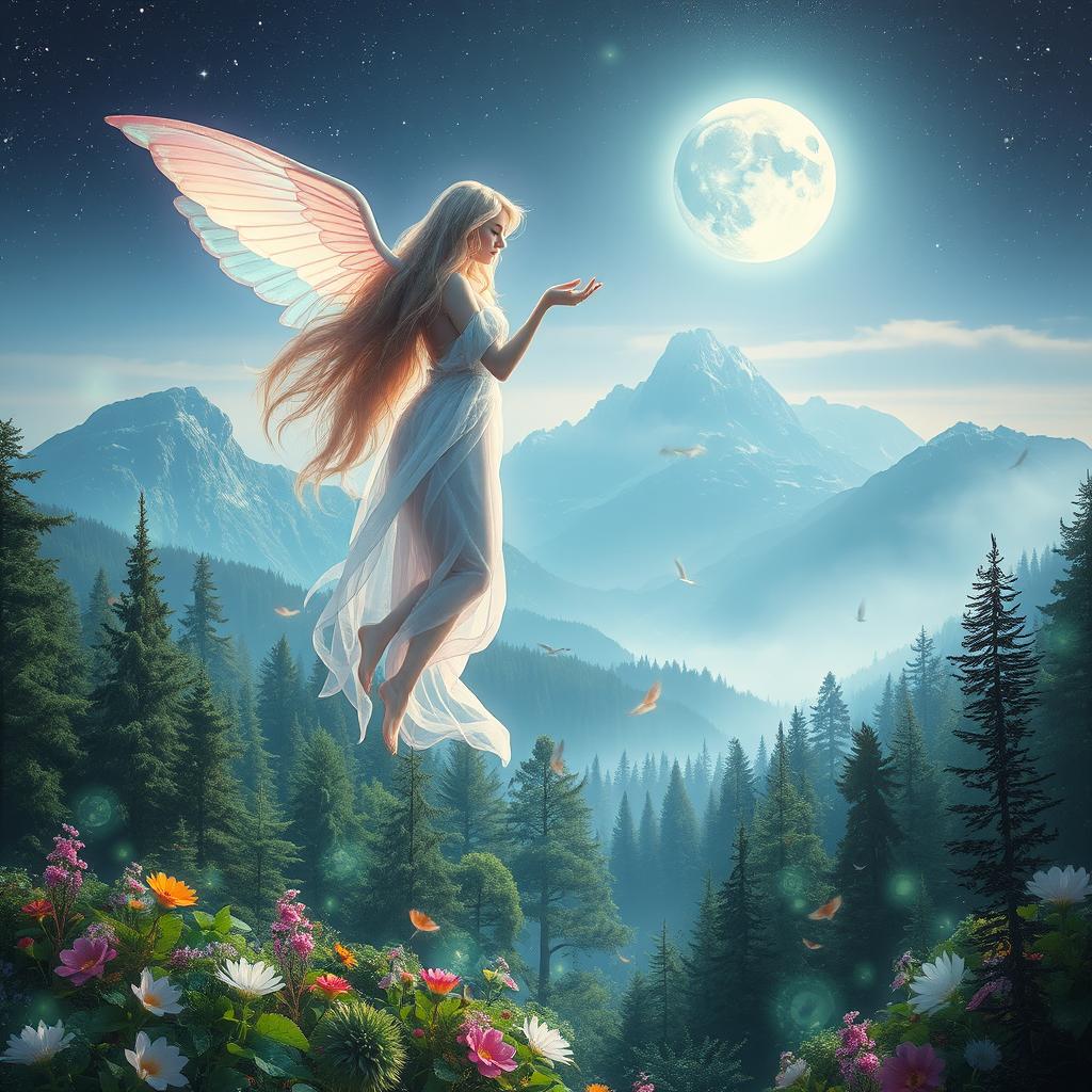 A stunning, ethereal fantasy scene featuring a celestial being with iridescent wings hovering above a mystical forest