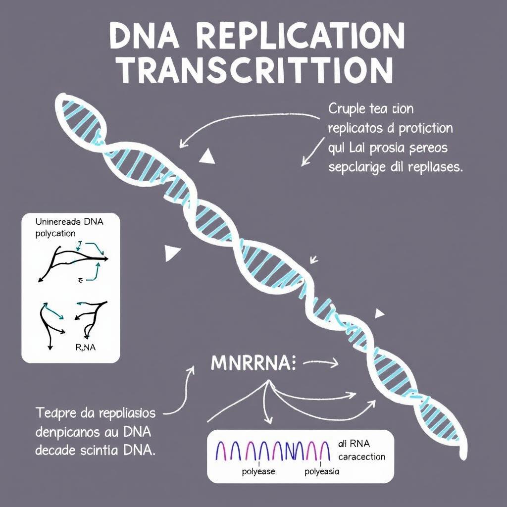 An educational illustration depicting DNA replication and transcription