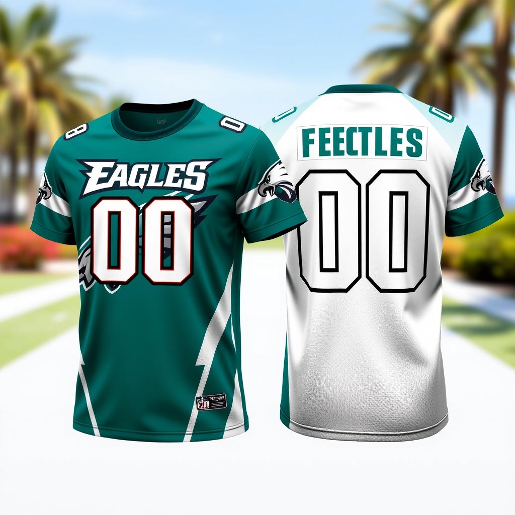 A stylish front and back view of a t-shirt designed with the colors of the Philadelphia Eagles, featuring a bold number 00 prominently printed