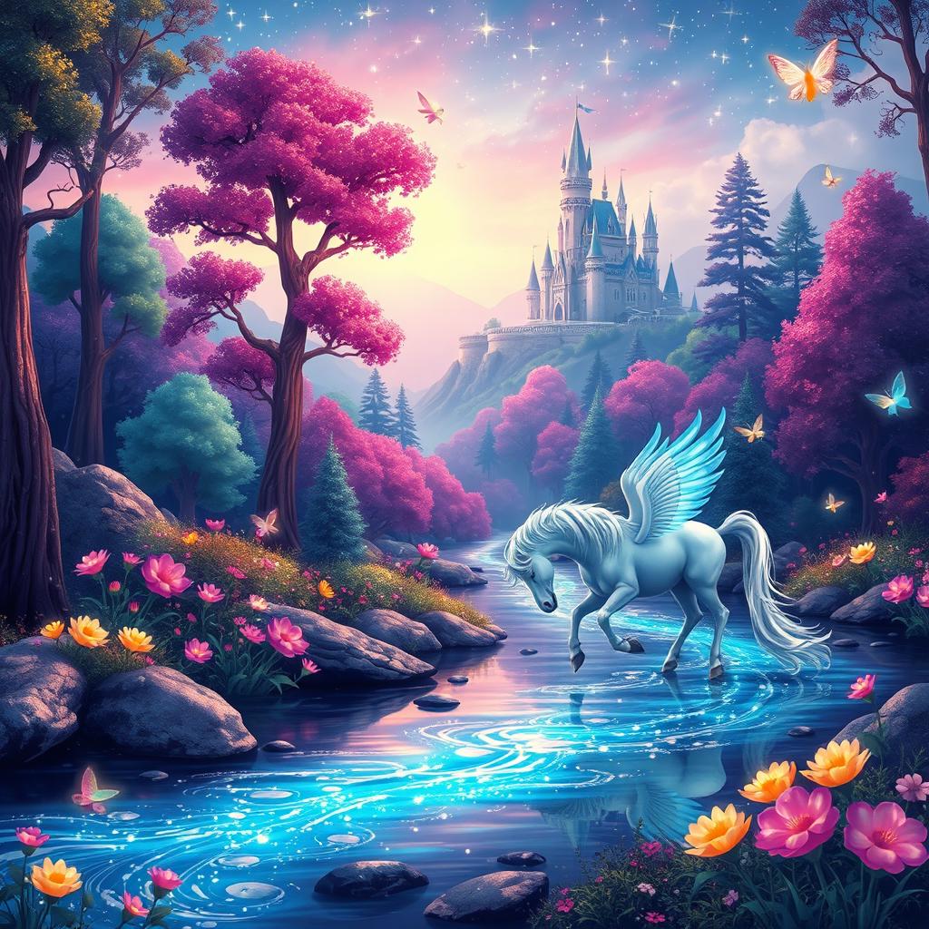A whimsical fantasy landscape featuring a vibrant enchanted forest with towering trees and luminescent flowers