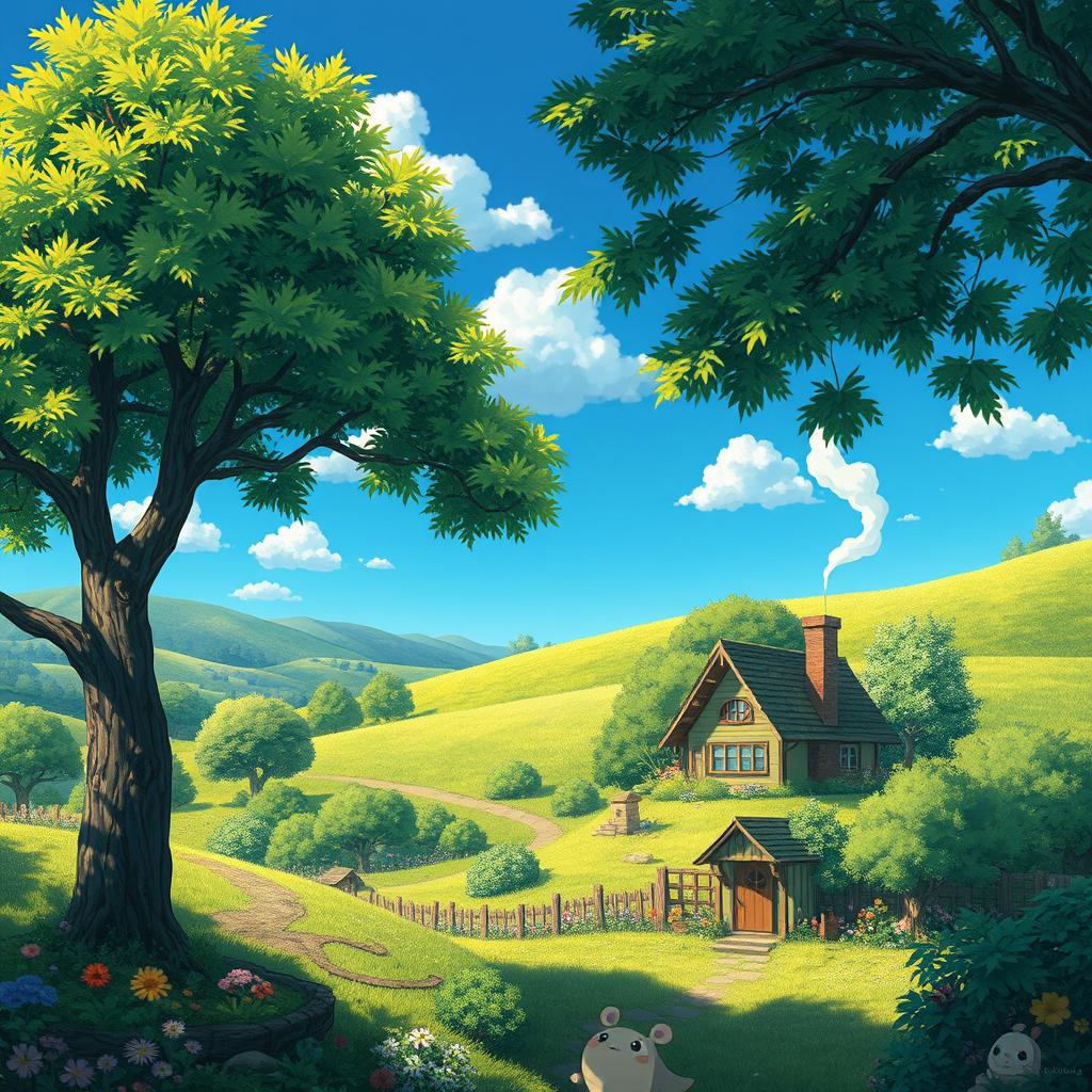 A vibrant scene inspired by Studio Ghibli, featuring lush greenery, whimsical trees and fantastical elements