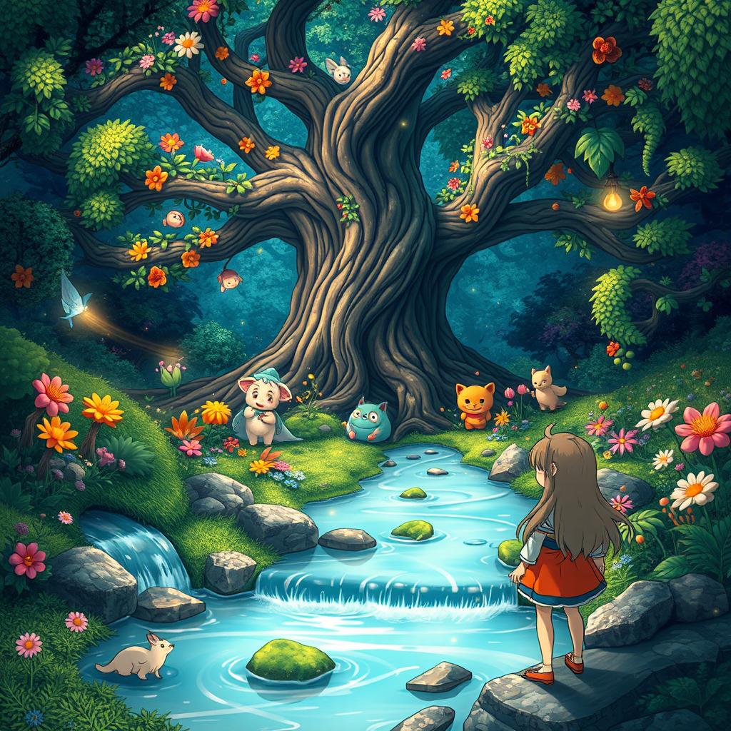 An enchanting scene inspired by Hayao Miyazaki's art style, featuring a lush, mystical forest with vibrant, whimsical creatures and intricate foliage