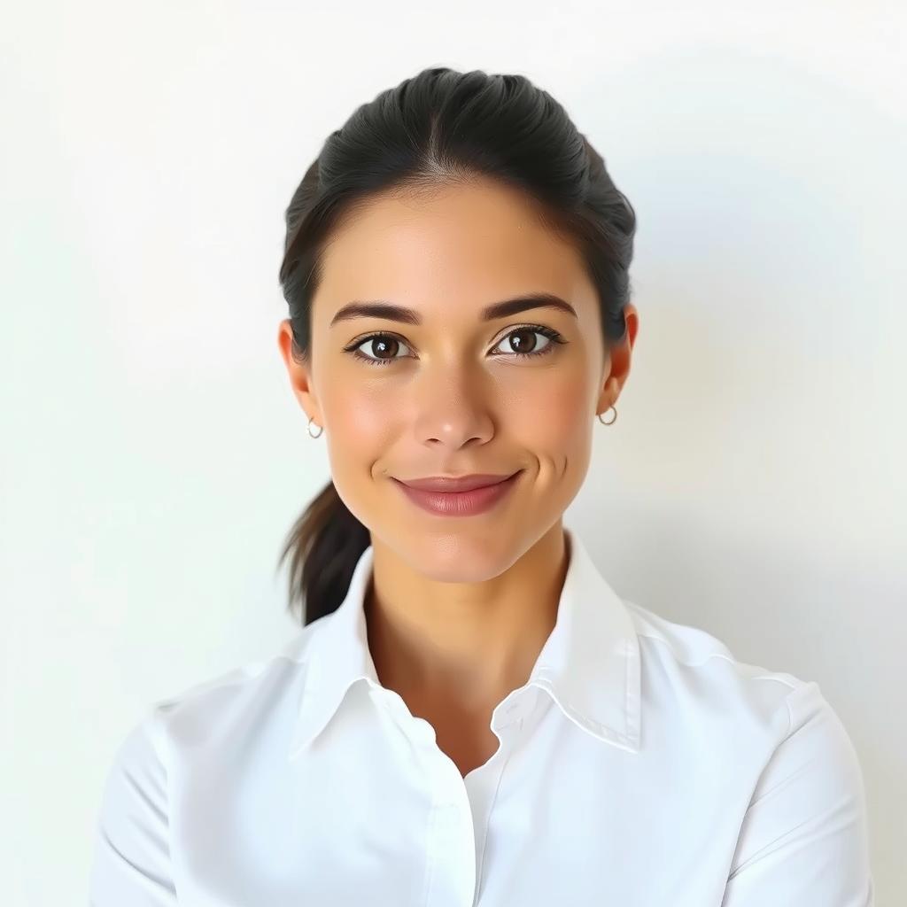 A portrait of a person wearing a crisp white shirt, gazing directly at the camera with an inviting expression