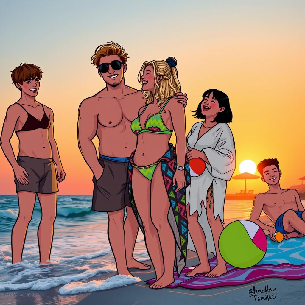 A vibrant and lively scene depicting five friends at a beach during sunset, with soft waves lapping at the shore