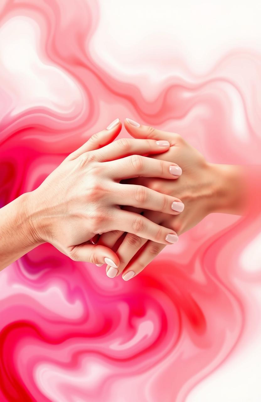 An abstract visual representation of the concept of 'Kinesthetic Language of Love', featuring intertwined hands expressing intimacy and connection, surrounded by swirling colors symbolizing emotions and feelings such as warmth, passion, and affection