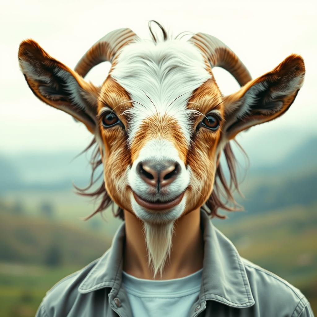 A person with the facial features and expression of a goat, blending the human and animal characteristics seamlessly, showing a playful and whimsical demeanor