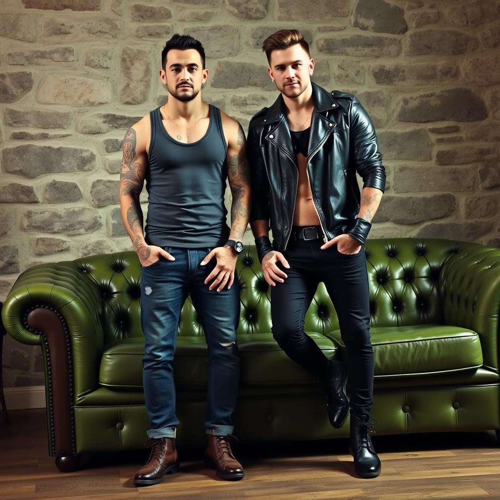 Two tattooed men posing confidently on a lush green vintage leather couch