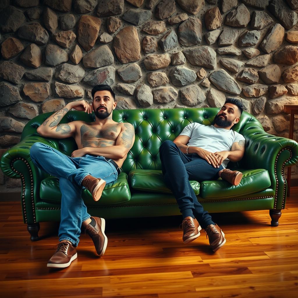 Two tattooed men relaxing on a vibrant green vintage leather couch in a stylish room