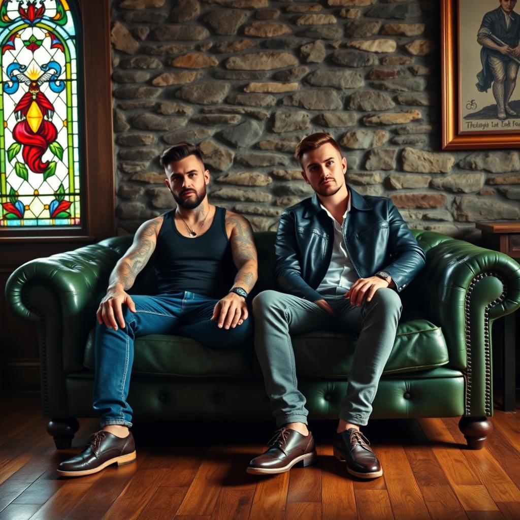 A full image of two handsome tattooed men, one wearing a tank top and the other in a stylish leather jacket, sitting casually on a vintage green leather couch