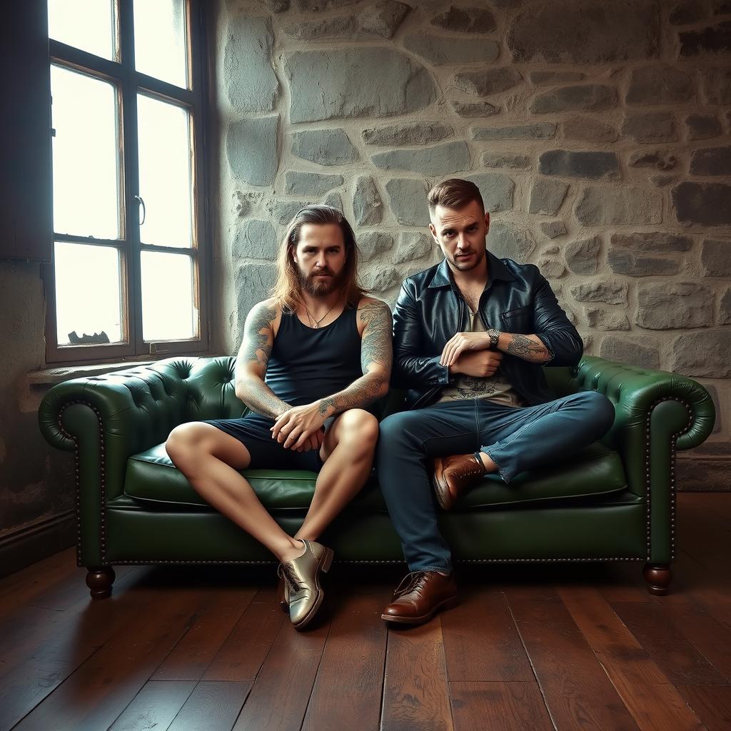 A striking scene featuring two tattooed men sitting on a vintage green leather couch