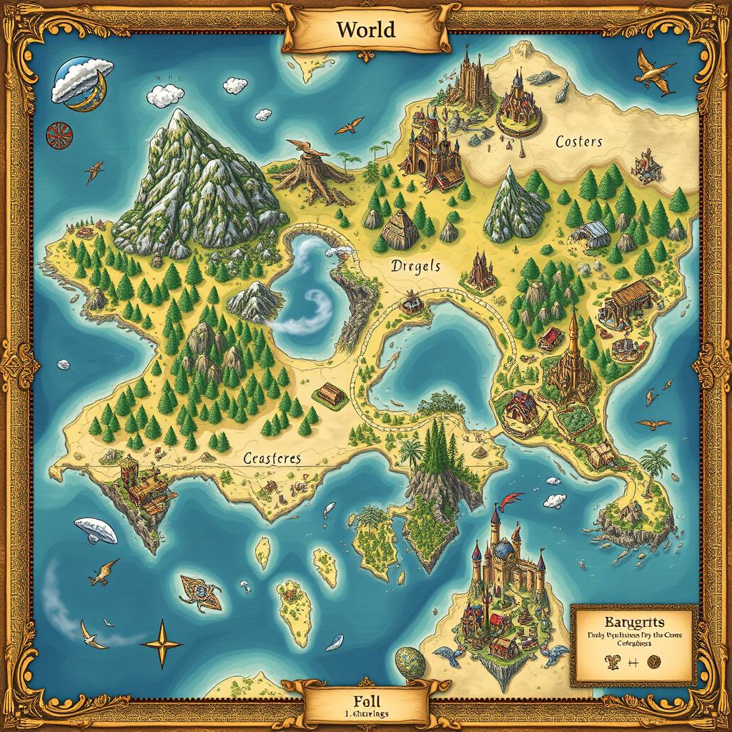 An intricately designed fantasy world map for an isekai universe
