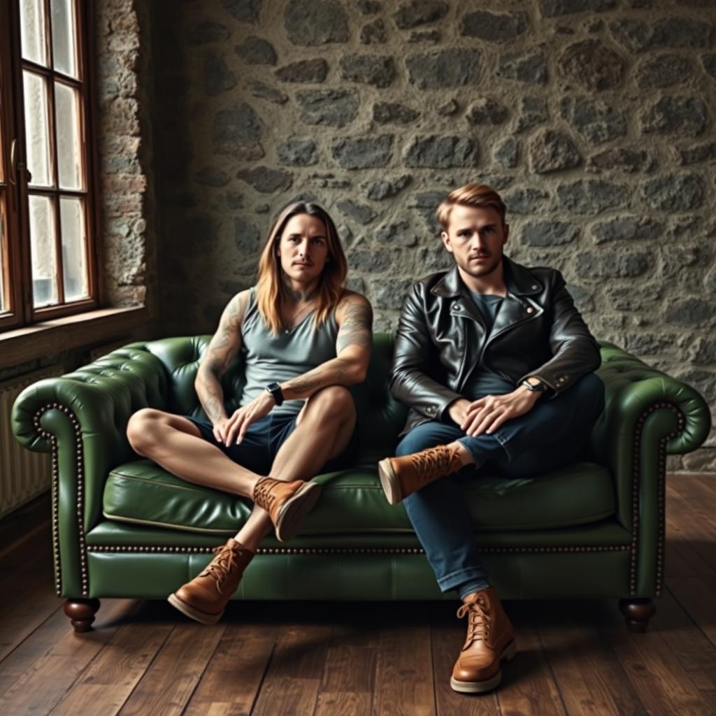 A full image of two handsome tattooed men sitting and posing on a green vintage leather couch