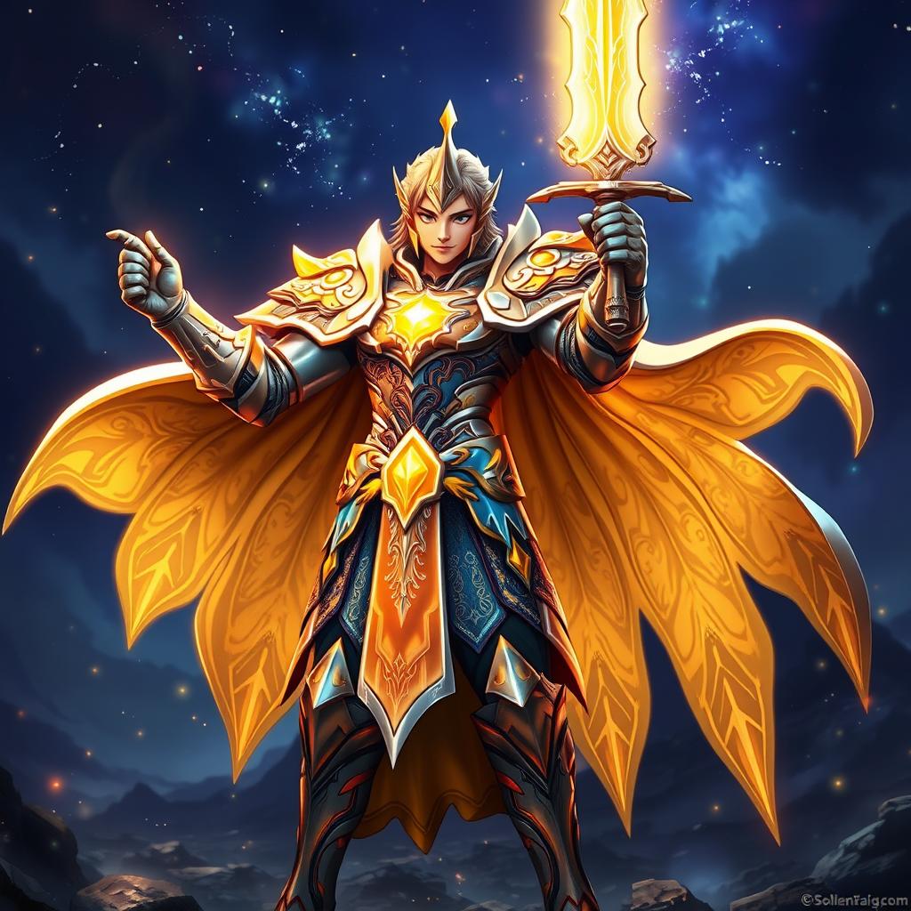 A stunning animated paladin wearing intricately designed armor that glows with an ethereal light