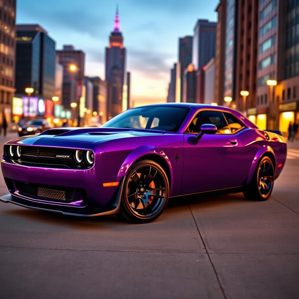 A stunning Dodge Challenger Hellcat, vibrant shades of purple (morado), parked in an urban environment