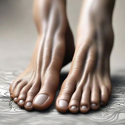 A high-quality digital art piece displaying a pair of human feet