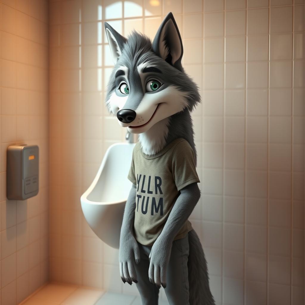 An anthropomorphic wolf character, standing upright and comfortably using a urinal in a bathroom setting