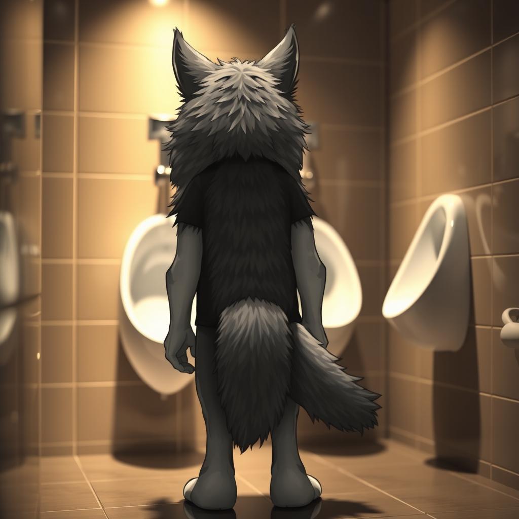 An anthropomorphic wolf character, standing in front of a urinal with its back to the viewer