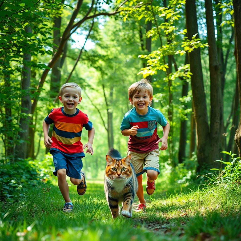 Two boys running through a lush, vibrant forest, joyfully playing with a playful cat