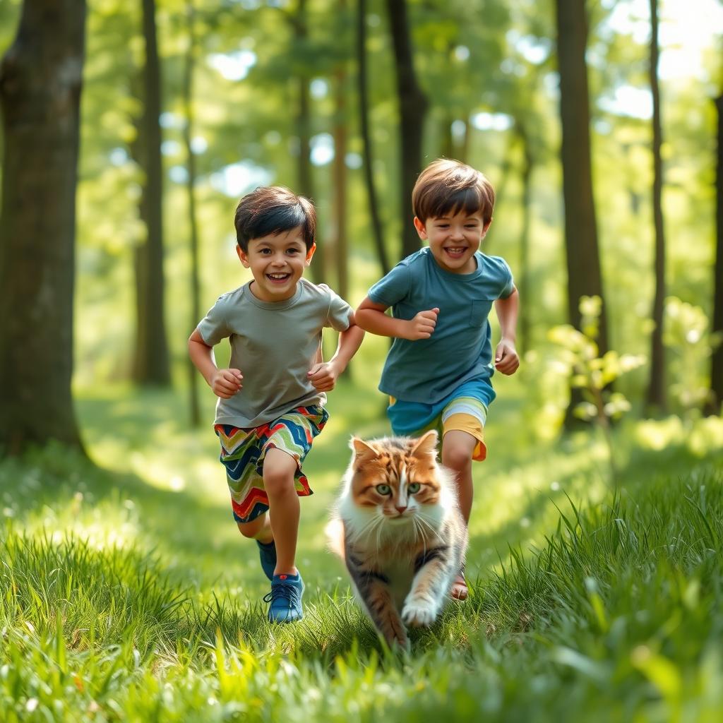 Two boys, one taller than the other, both with dark hair, joyfully running through a vibrant green forest, playing with a fluffy cat