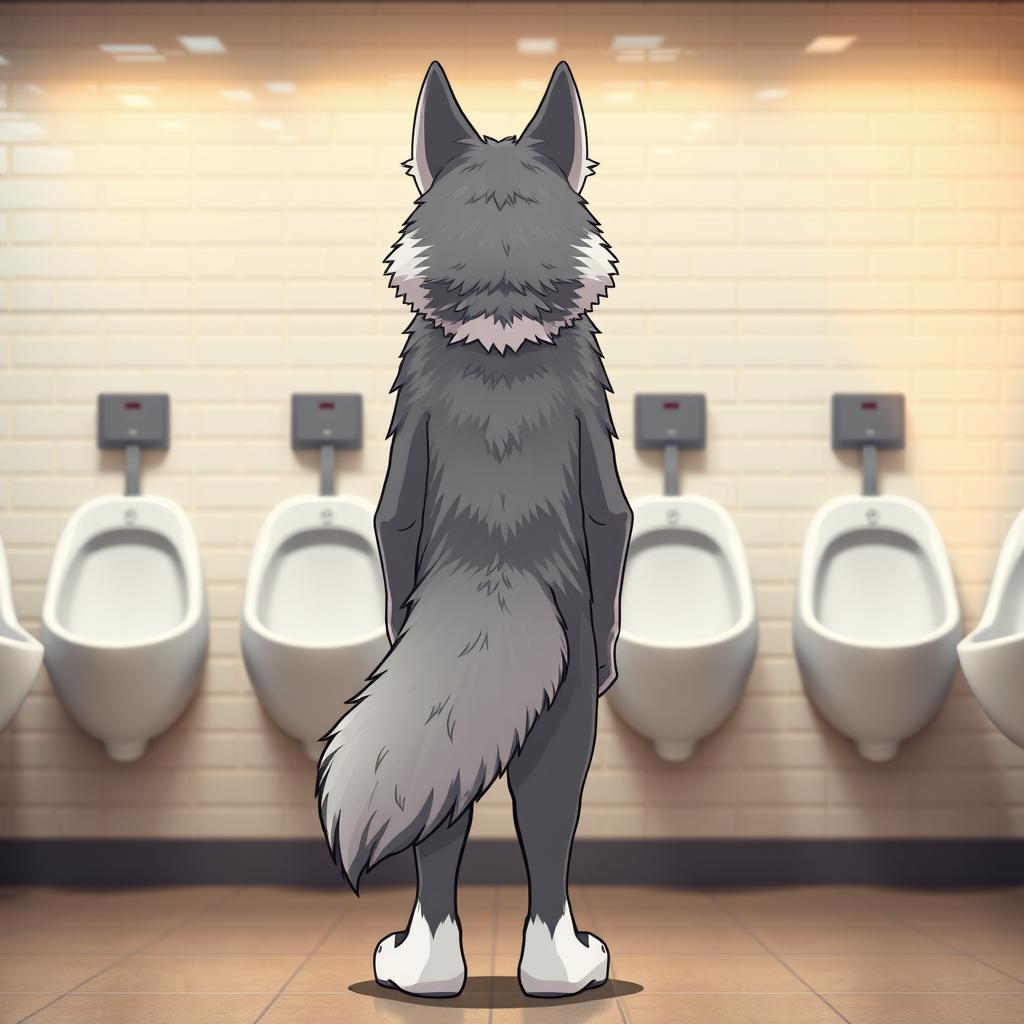 An anthropomorphic wolf character standing in front of a row of urinals with its back to the viewer