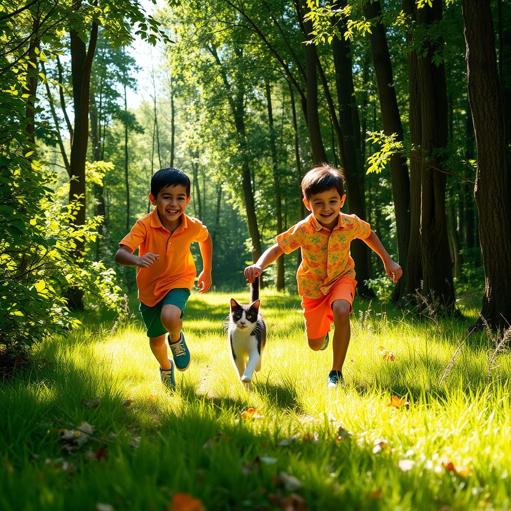 Two boys, one taller than the other, both with dark hair, joyfully running through a lush green forest while playing with a black and white cat