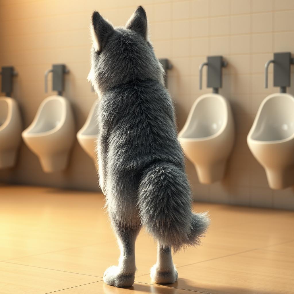 An anthropomorphic wolf character standing in front of a row of urinals with its back to the viewer