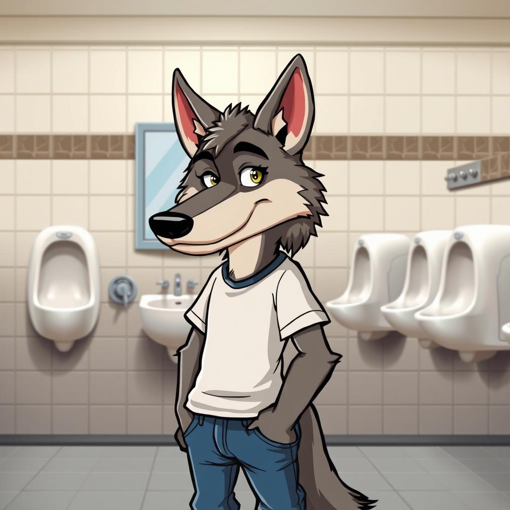 An anthropomorphic wolf standing at a urinal in a men's restroom, showcasing a full-body portrait